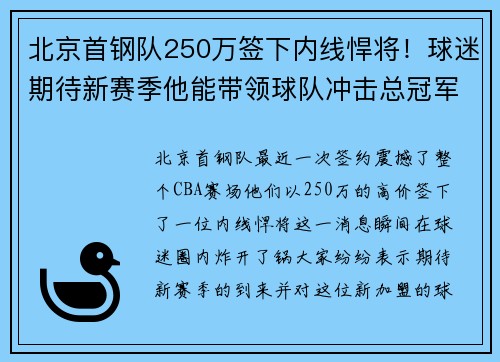 北京首钢队250万签下内线悍将！球迷期待新赛季他能带领球队冲击总冠军！